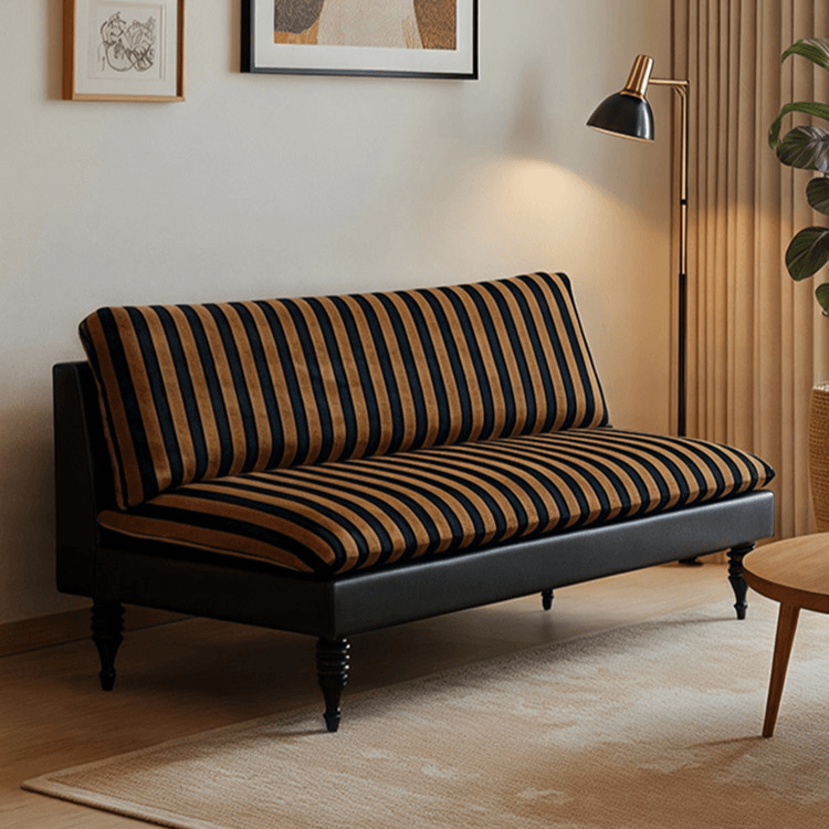 Editorial-Style Retro Sofa in Textured Stripe Fabric and Blackened