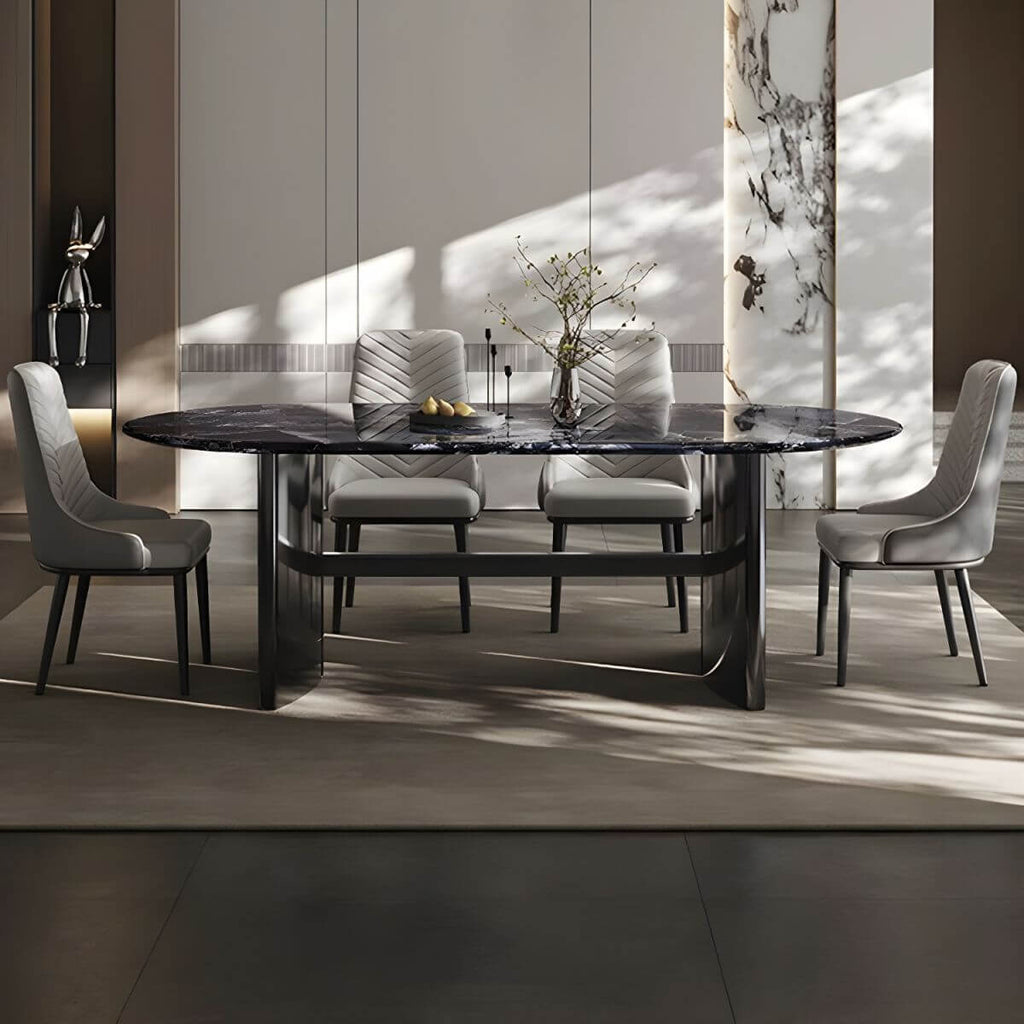 Oval dining table with black marble top and trestle metal base, modern dining room set