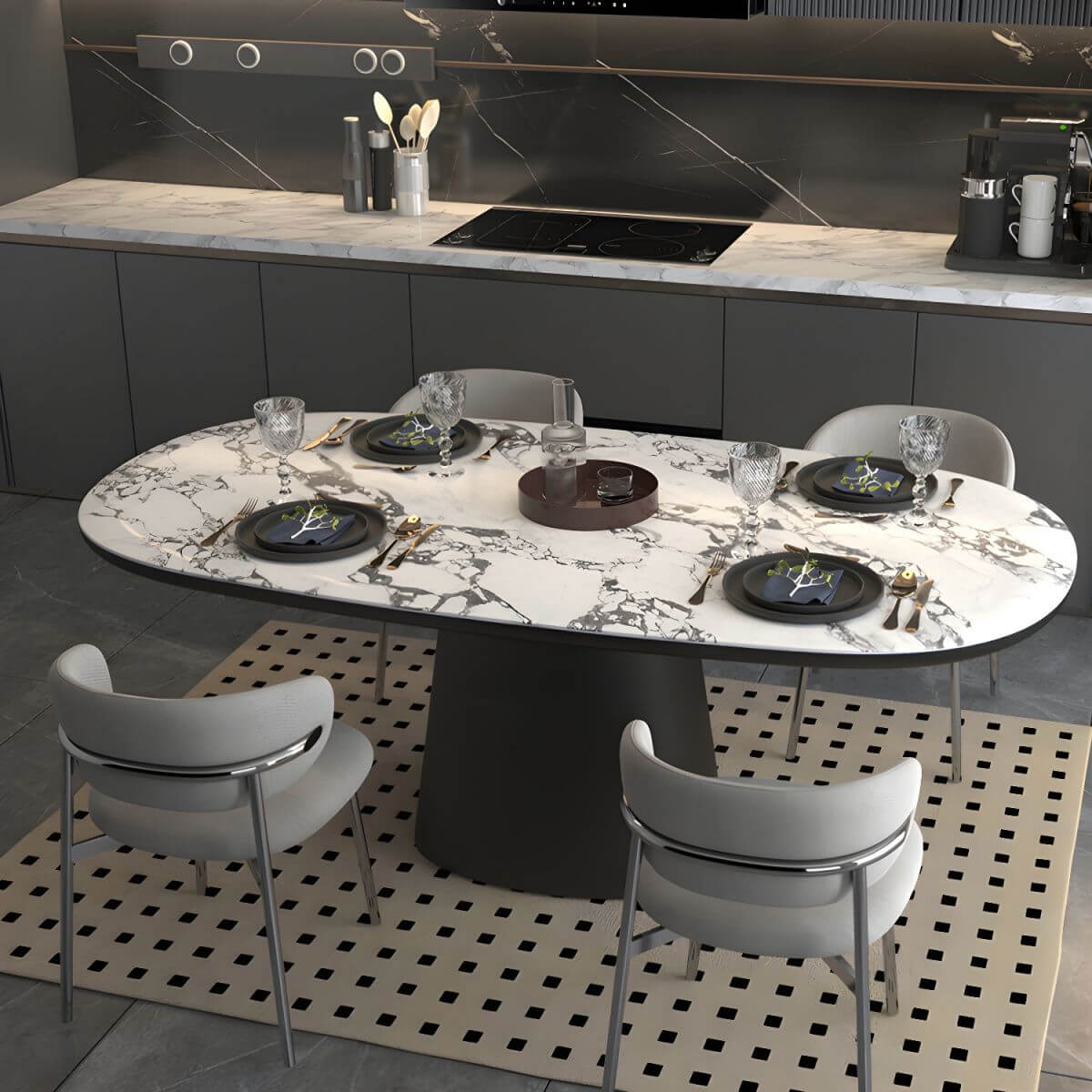 Oval black and white marble kitchen dining table with wooden base main product image Hauptbild