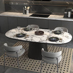 Oval black and white marble kitchen dining table with wooden base main product image