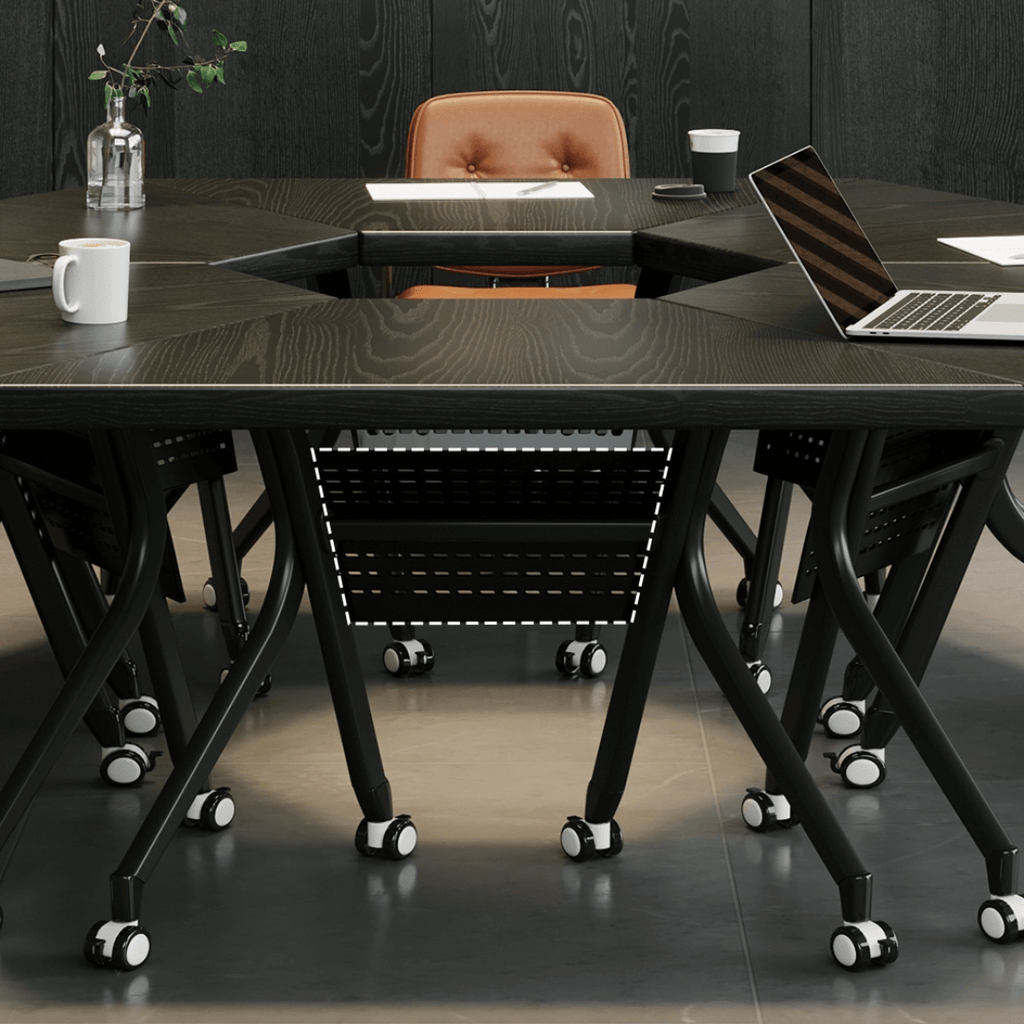 Black folding conference table with 360-degree casters for flexible workspace setups