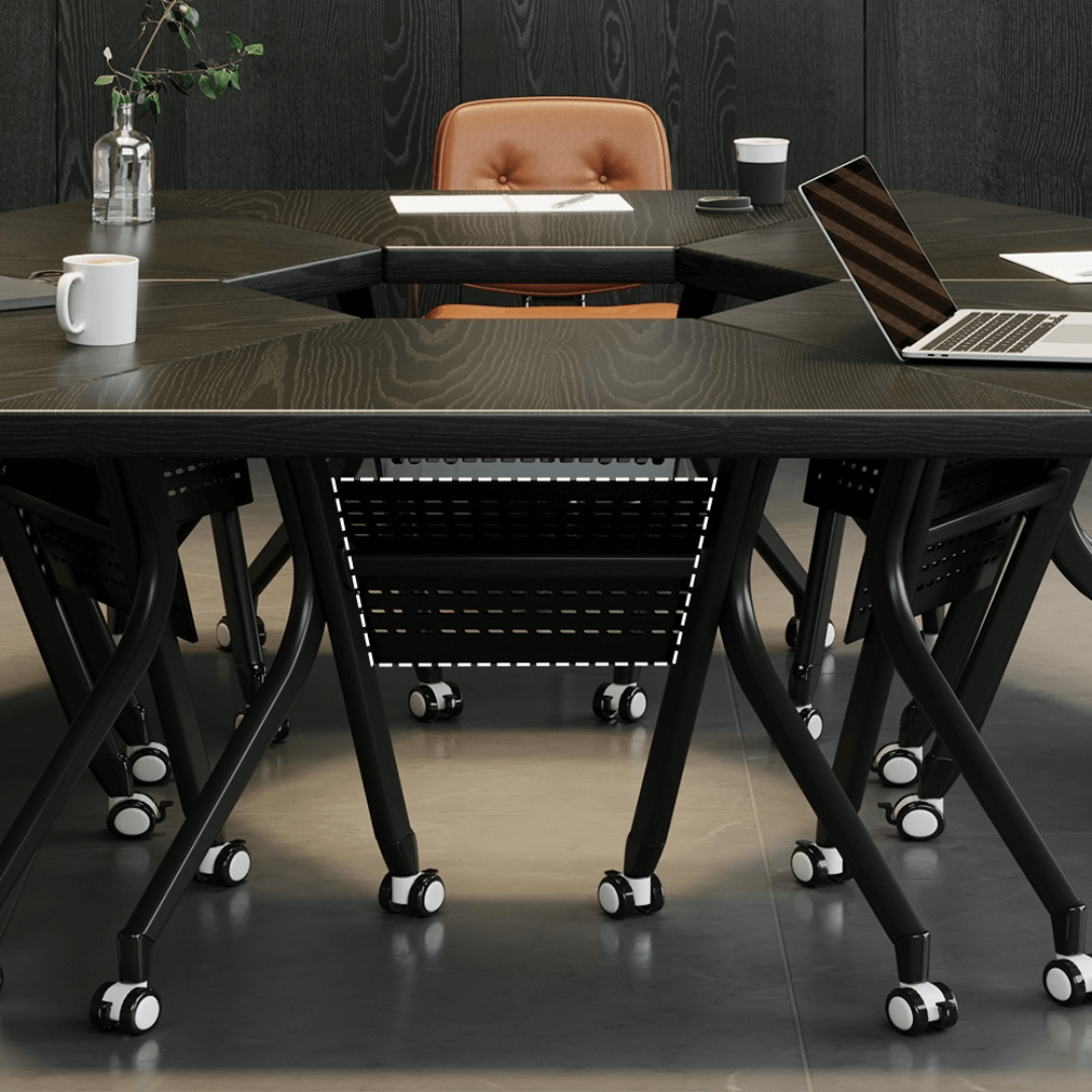 Black folding conference table with 360-degree casters for flexible workspace setups