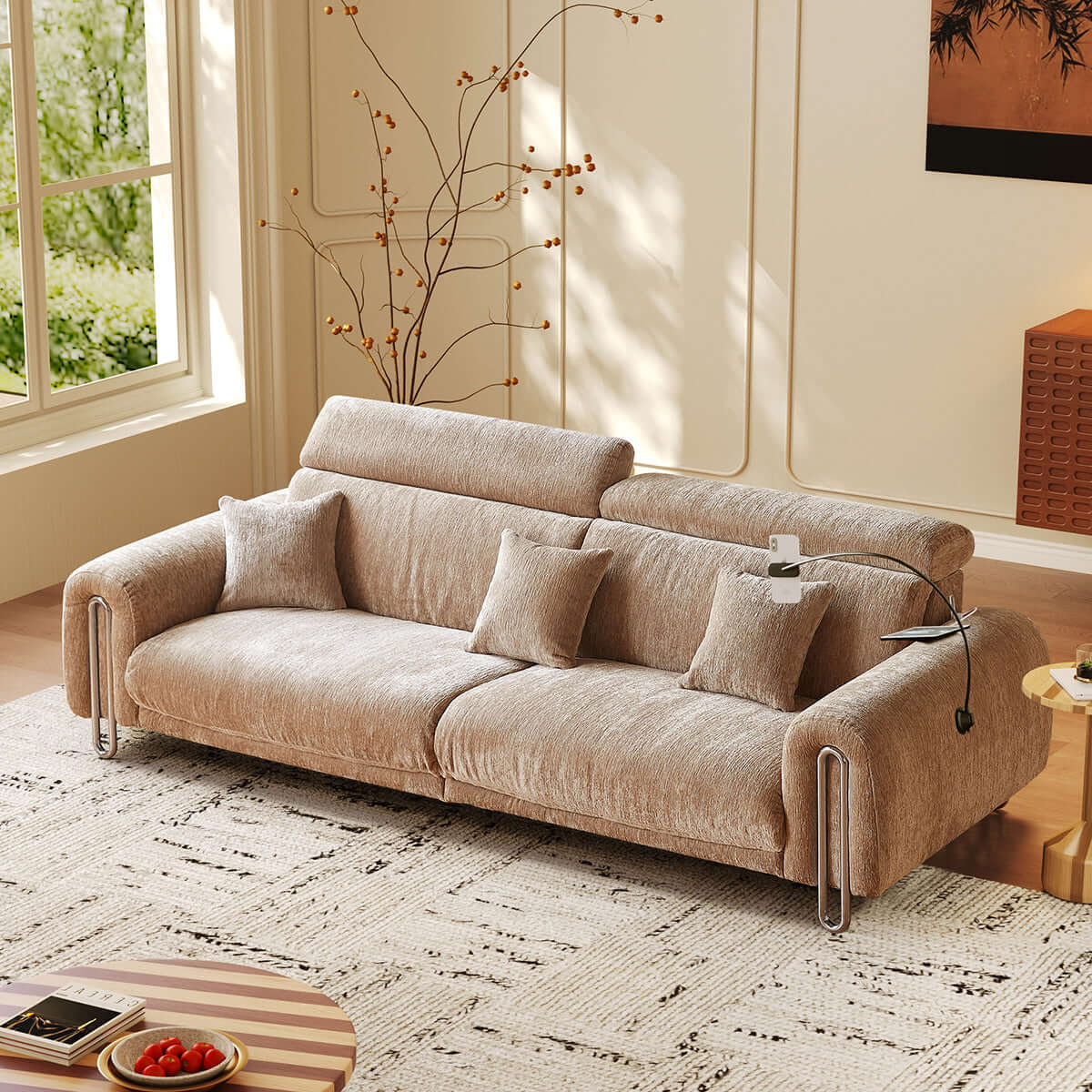 Contemporary chenille lounge sofa featuring a removable couch cover for easy cleaning