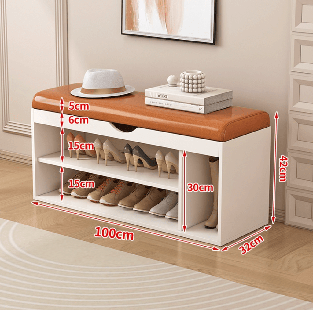 Modern white and orange shoe bench with upholstered seat and space-saving storage