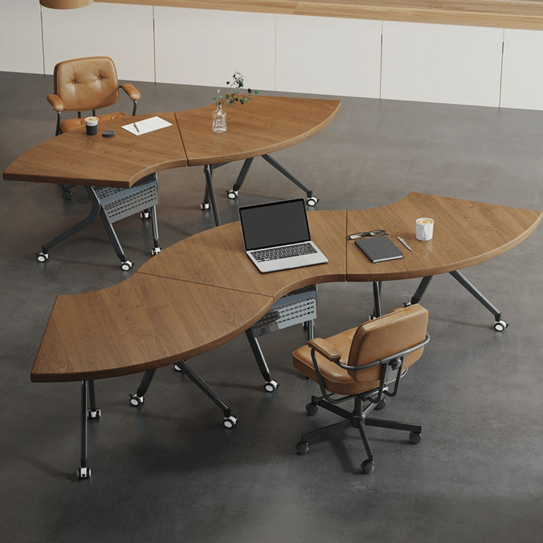 Foldable conference table with modern curve design and comfortable mesh chairs for meetings