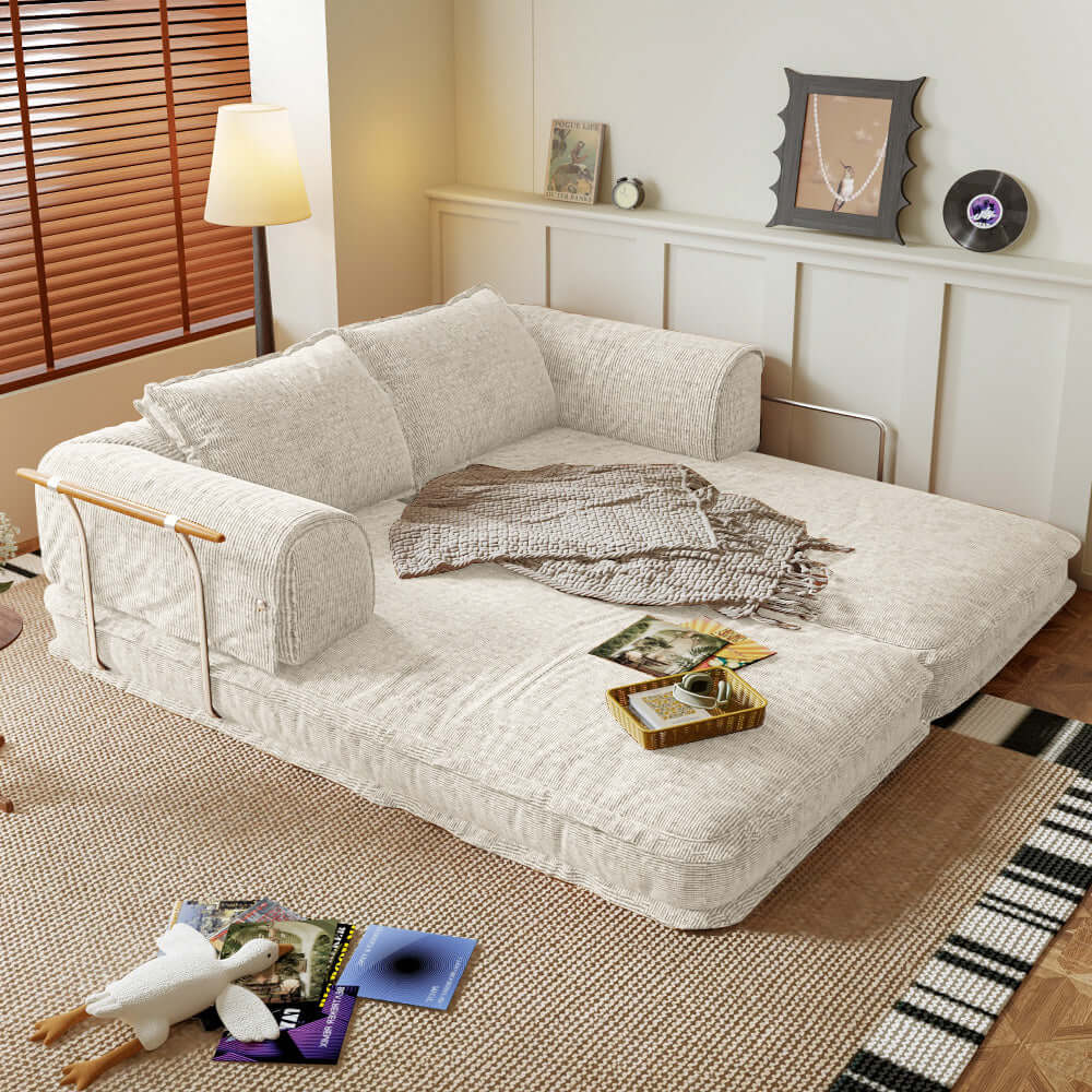 Modular foldable futon sofa bed with corduroy fabric, configurable as floor couch or sleeper
