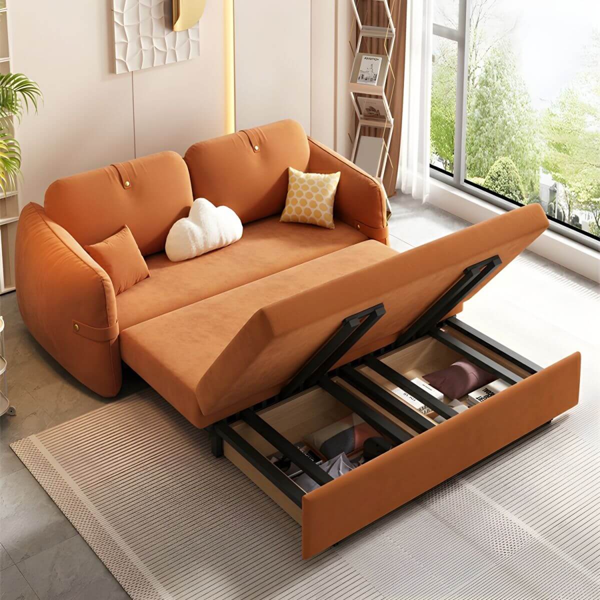 Orange polyester blend sleeper sofa with scratch-resistant surface and detachable mattress futons