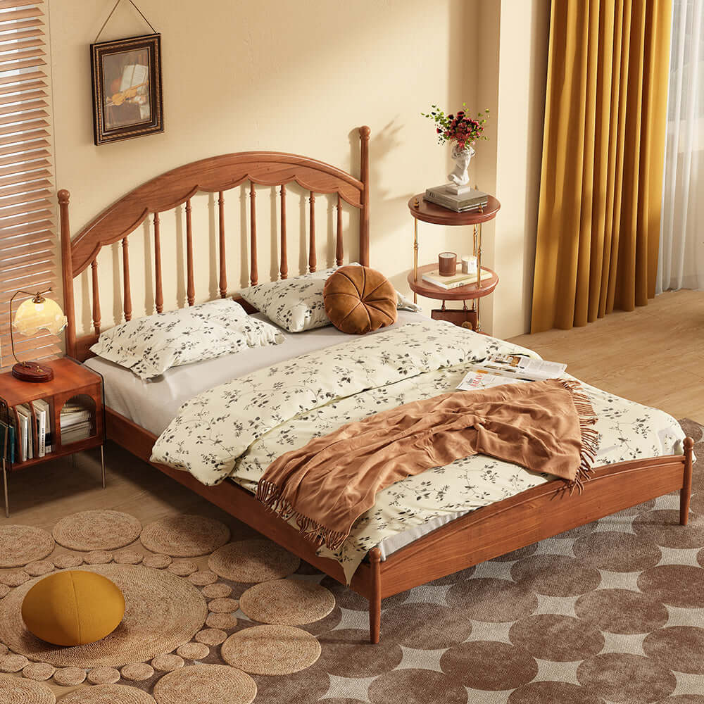 Vintage style solid wood double bed with slatted harp design for sturdy support