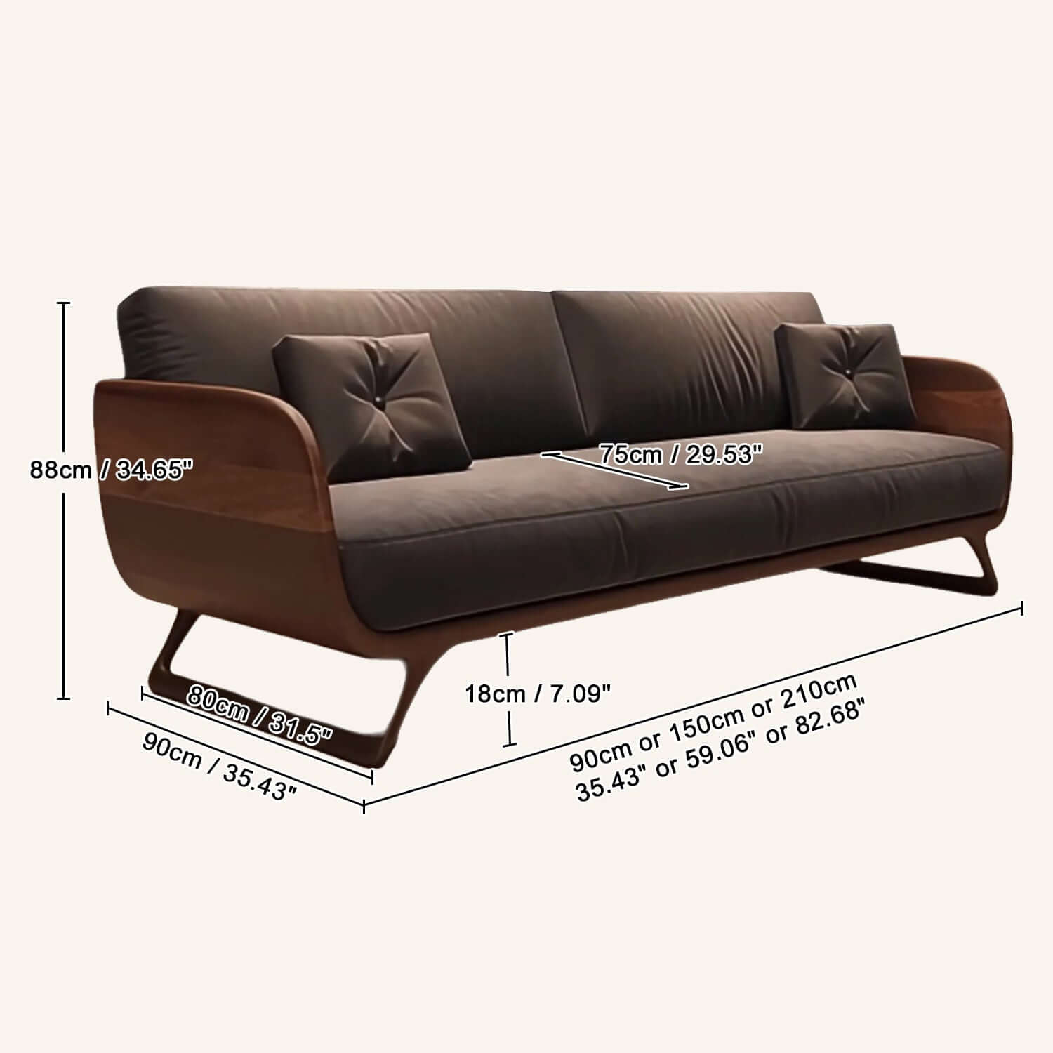 Cocochairs Modern Walnut Solid Wood Straight Sofa – Removable Cushions, Mid-Century 3-Seater Couch for Living Room