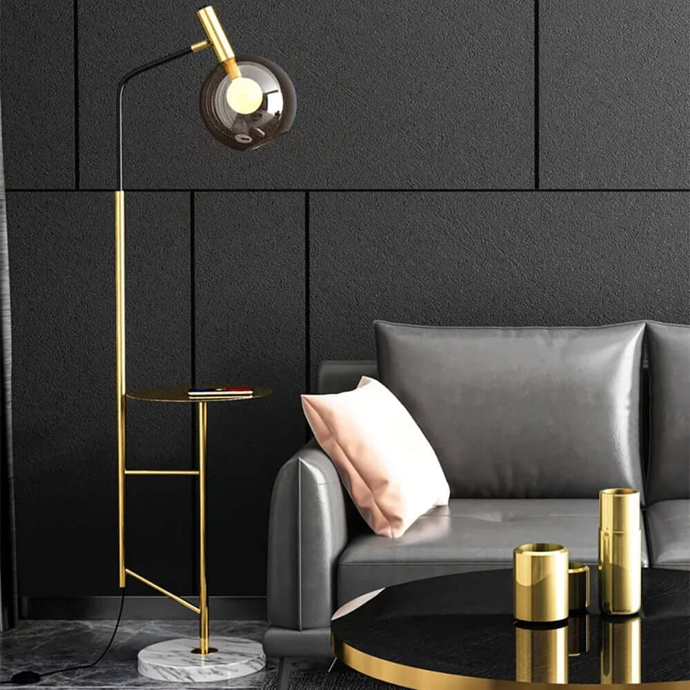 Elegant Black and Gold Glass Tray Table Lamp with Amber Shade Main Product Image
