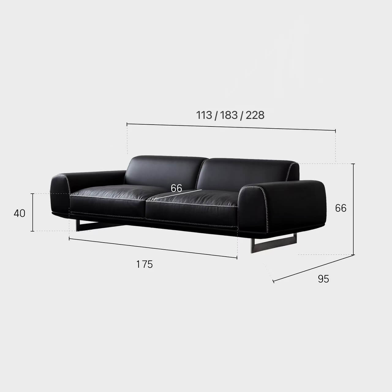 Black microfiber leather sofa with minimalist design, seats up to 3 people dimensions