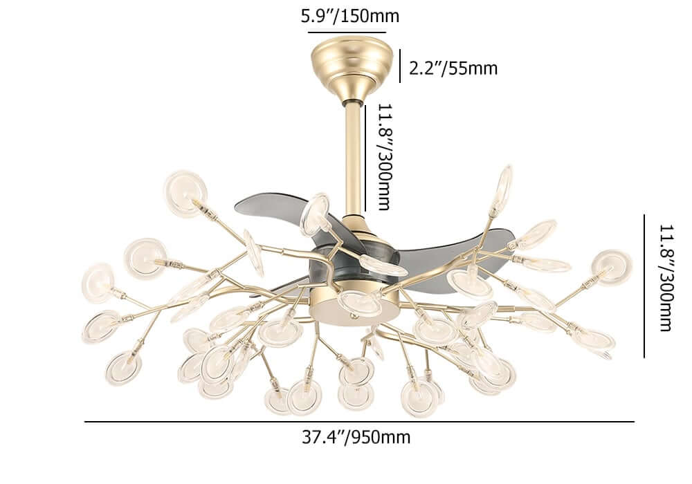 Elegant Gold Acrylic LED Ceiling Fan Light with Remote Control Dimensions