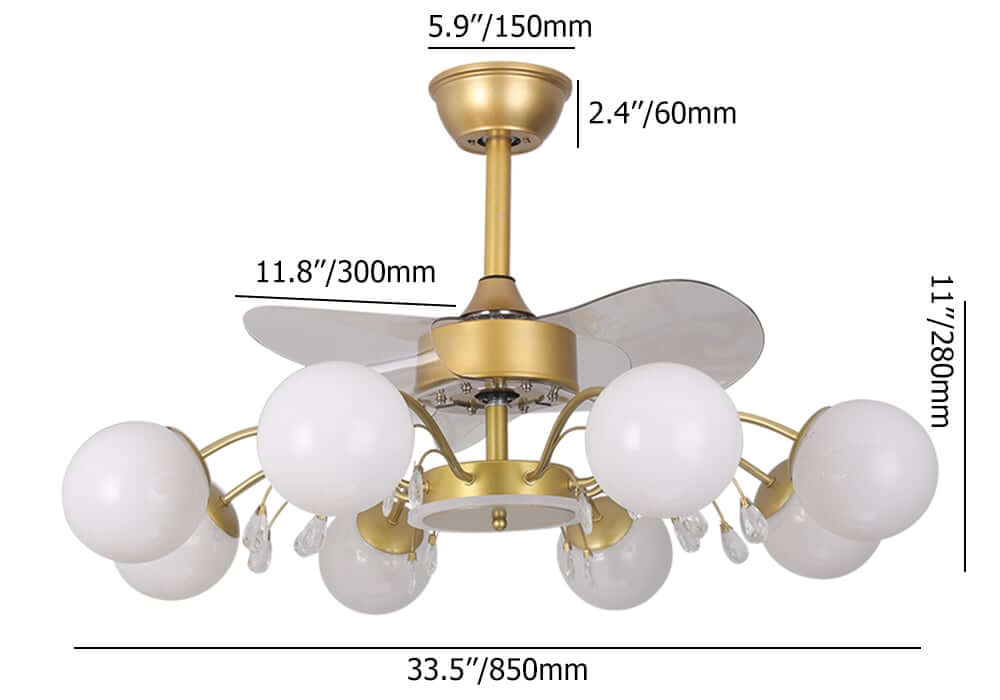 Elegant Gold Iron Chandelier Ceiling Fan with Remote Control Dimensions