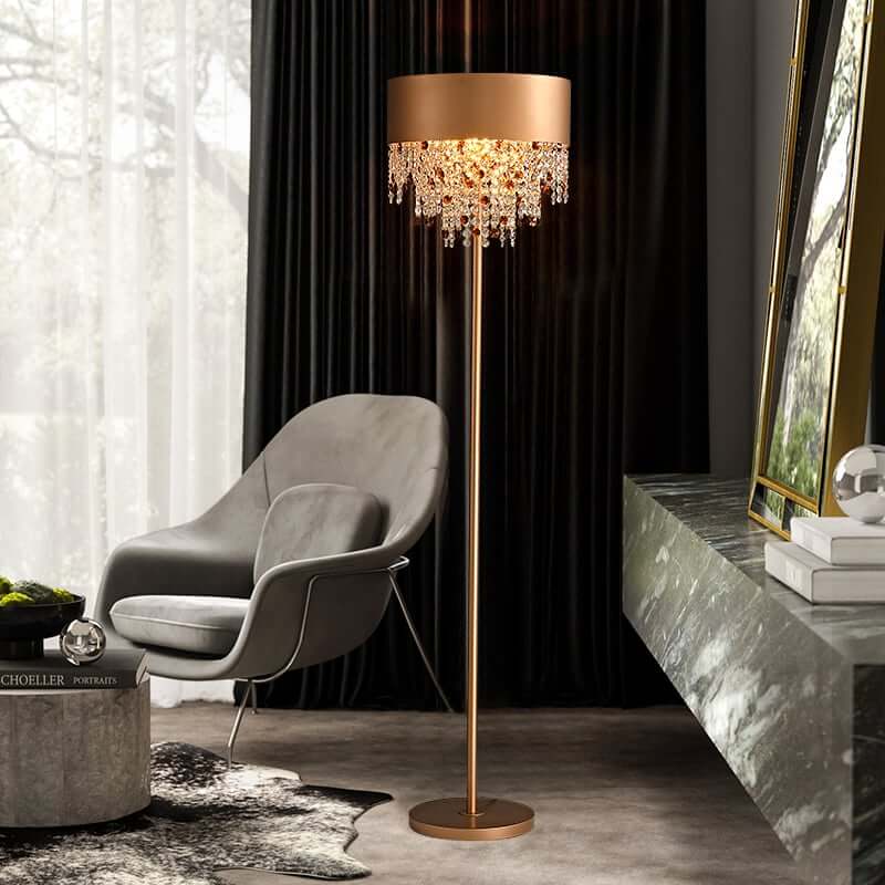 Elegant Gold Iron Floor Lamp with Crystal Tassels - 2-Light Design