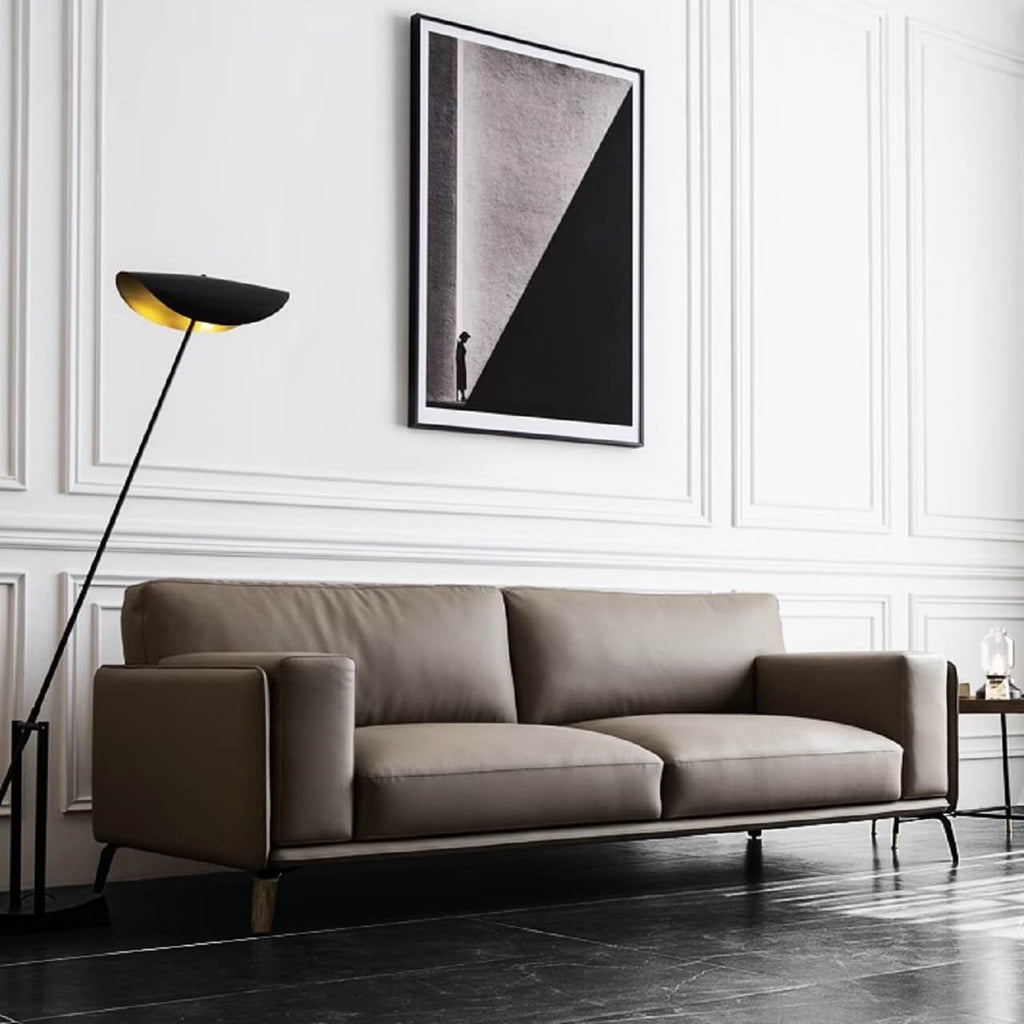 Spacious elegant gray Nordic sofa with microfiber leather upholstery, measuring 110 inches long