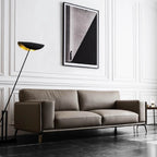 Spacious elegant gray Nordic sofa with microfiber leather upholstery, measuring 110 inches long