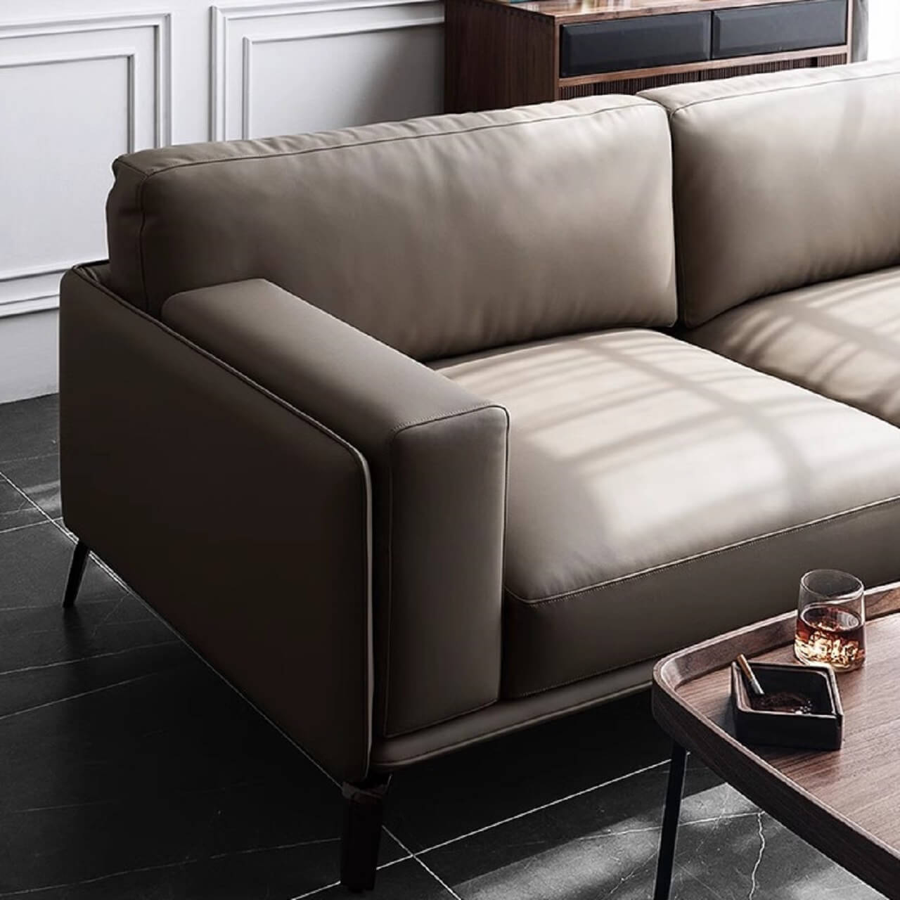 Spacious elegant gray Nordic sofa with microfiber leather upholstery, measuring 110 inches long