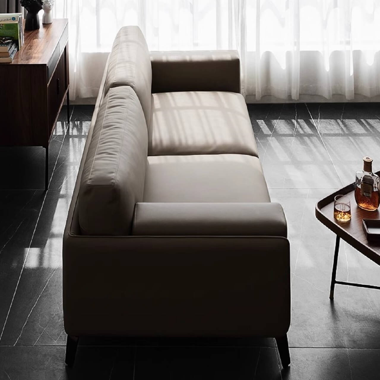 Spacious elegant gray Nordic sofa with microfiber leather upholstery, measuring 110 inches long