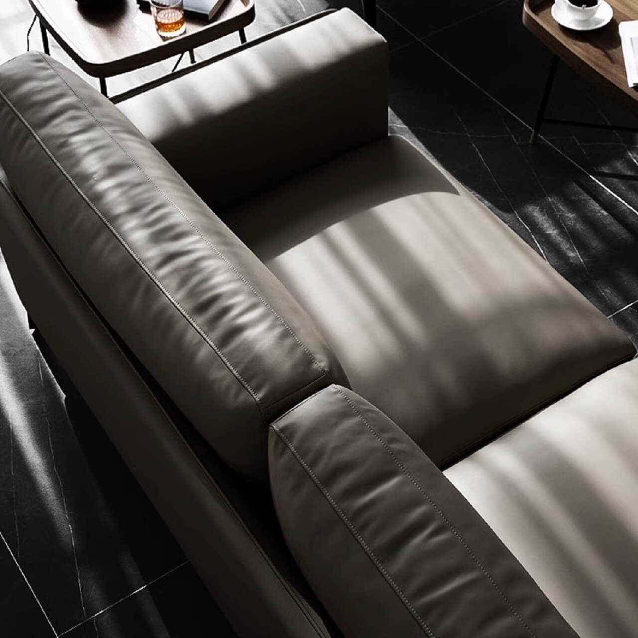 Spacious elegant gray Nordic sofa with microfiber leather upholstery, measuring 110 inches long