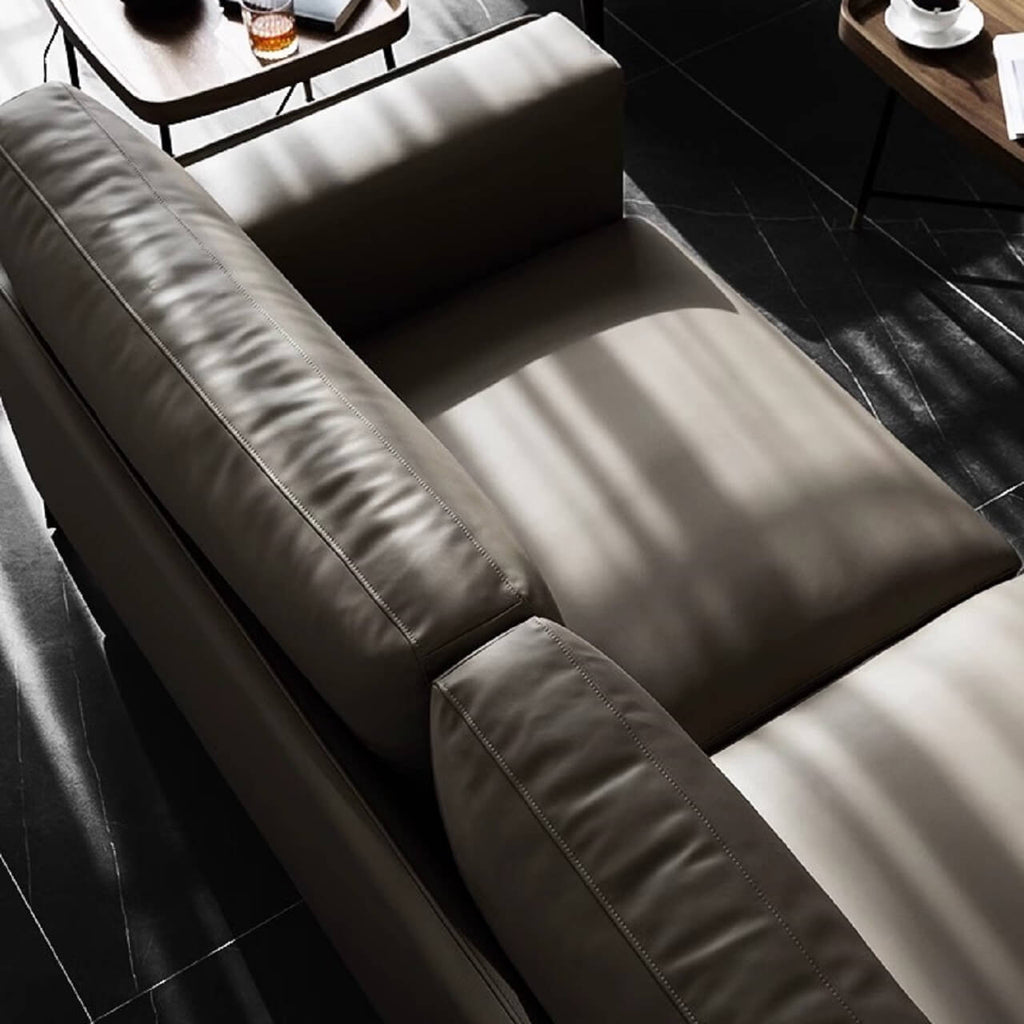 Spacious elegant gray Nordic sofa with microfiber leather upholstery, measuring 110 inches long