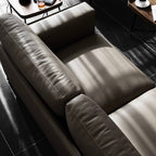 Spacious elegant gray Nordic sofa with microfiber leather upholstery, measuring 110 inches long