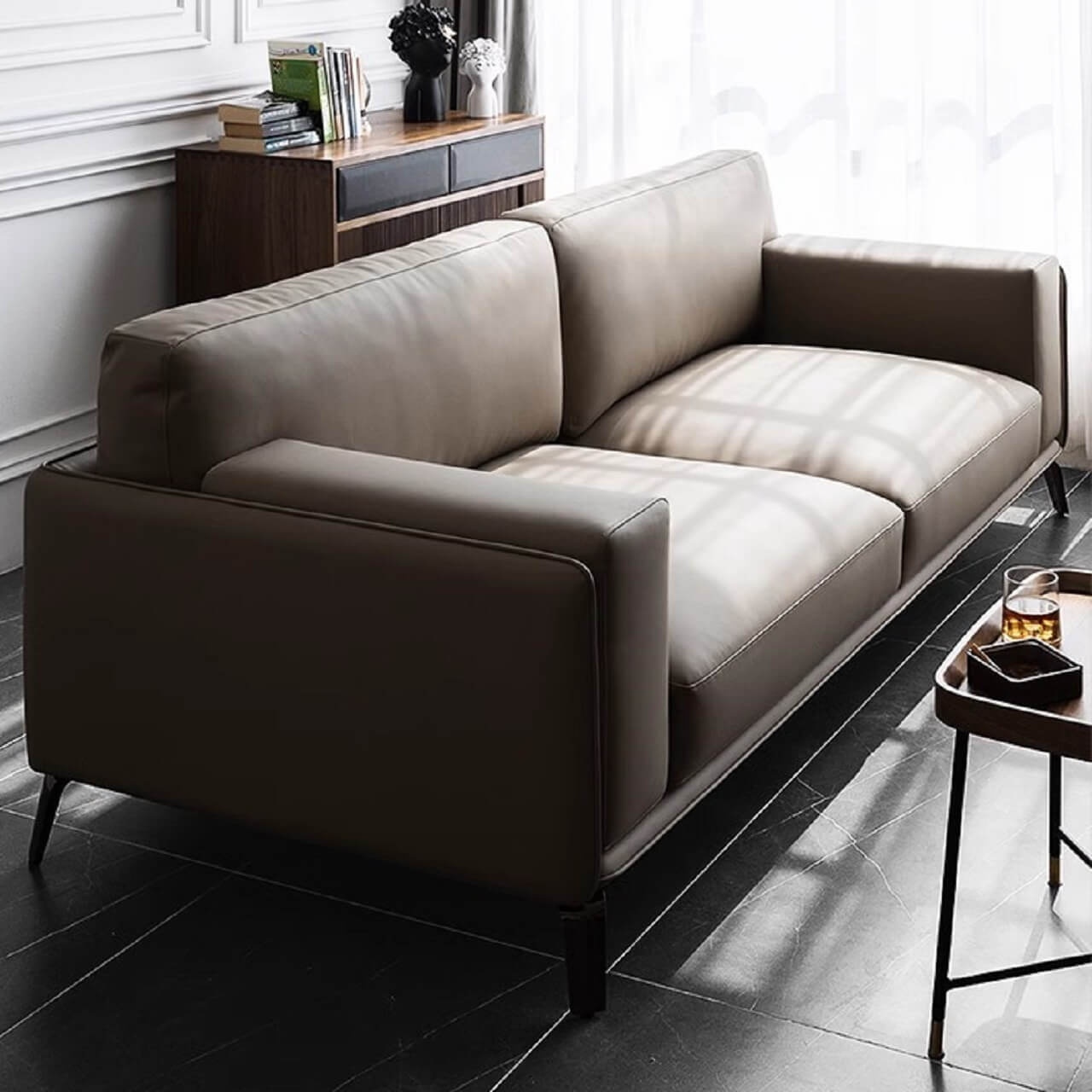 Spacious elegant gray Nordic sofa with microfiber leather upholstery, measuring 110 inches long