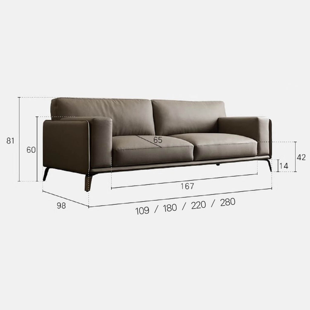 Spacious elegant gray Nordic sofa with microfiber leather upholstery, measuring 110 inches long dimensions