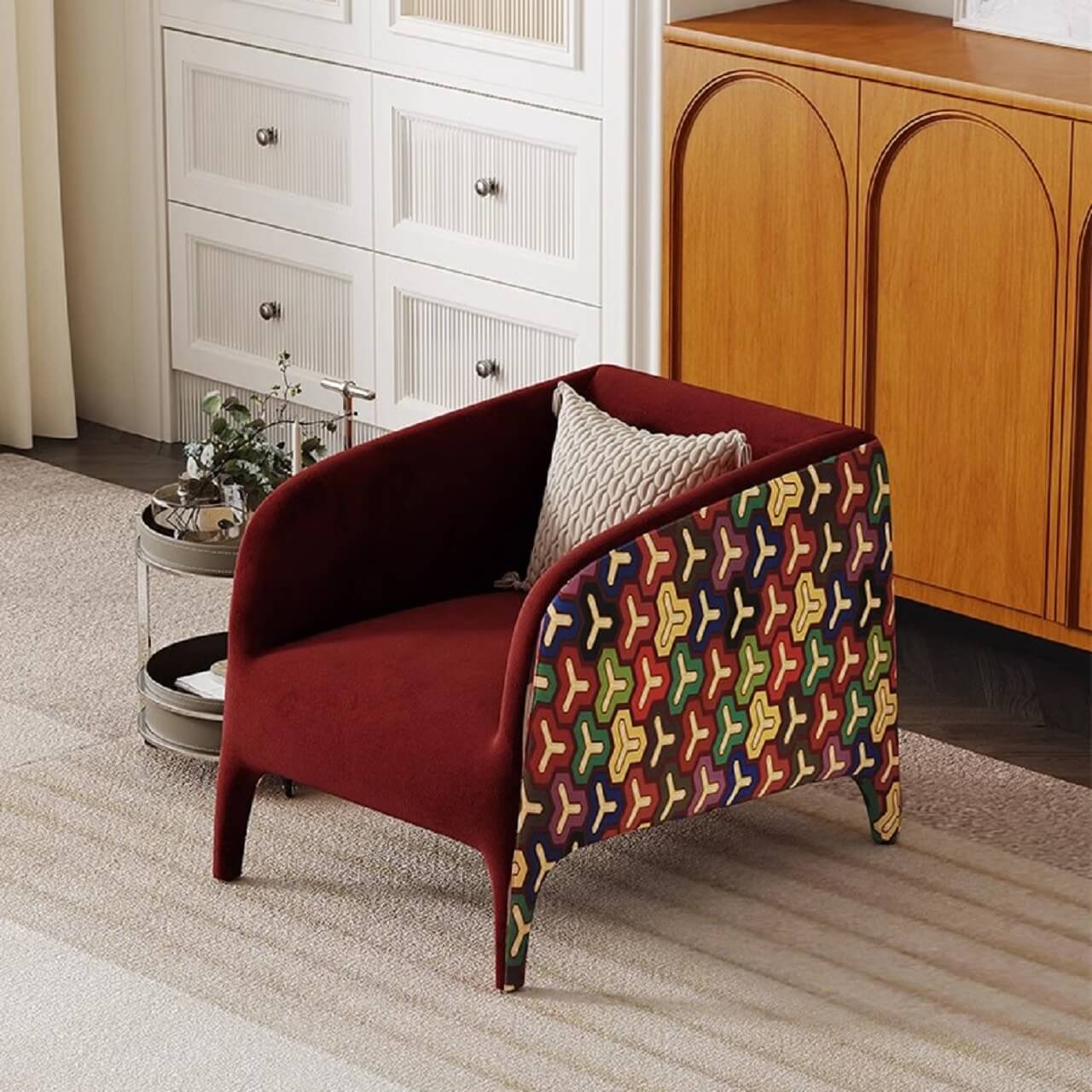 Elegant Modern Red Velvet Sofa in Luxurious Living Room