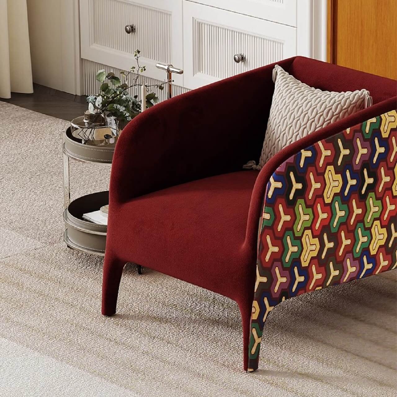 Contemporary Red Velvet Sofa with Solid Wood Frame