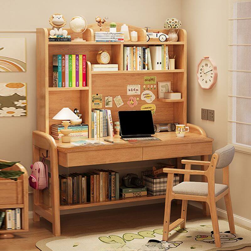 Elegant Nut/Brown Wood Writing Desk with Shelves for Kids and Toddlers