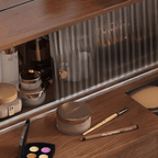 Elegant Rubberwood Makeup Table with Glass Storage Drawers