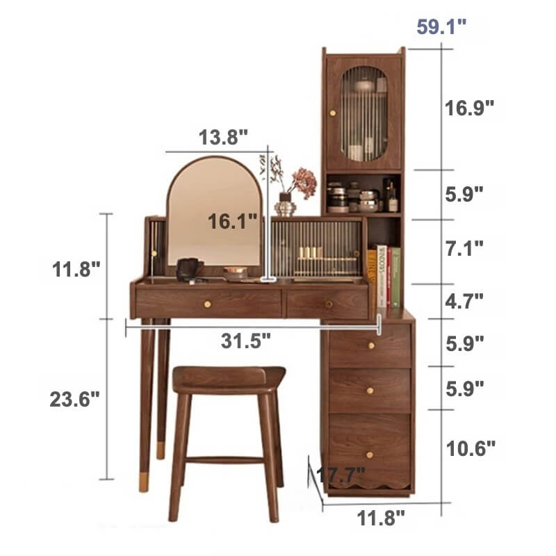 Elegant Rubberwood Makeup Table with Glass Storage Drawers