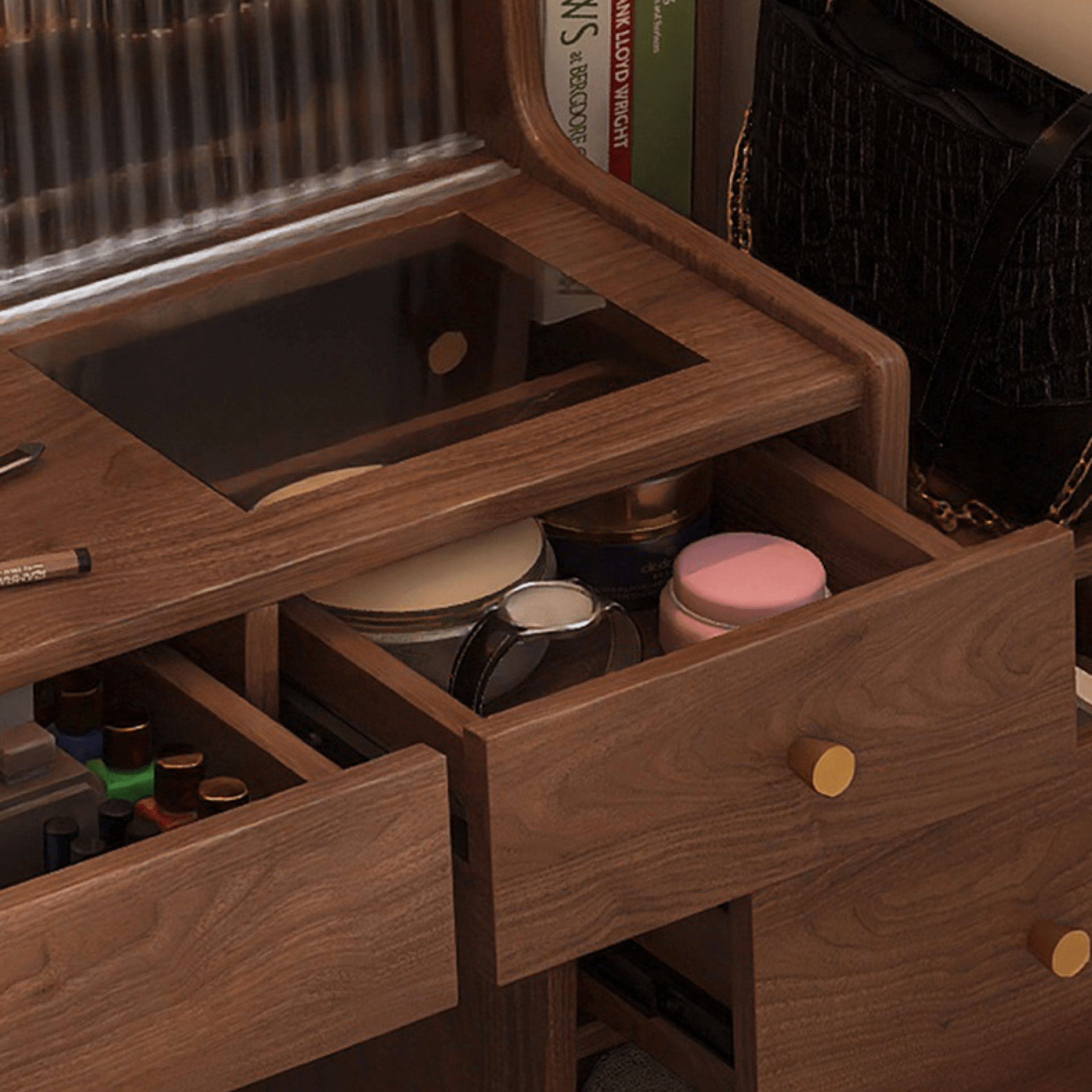 Elegant Rubberwood Makeup Table with Glass Storage Drawers