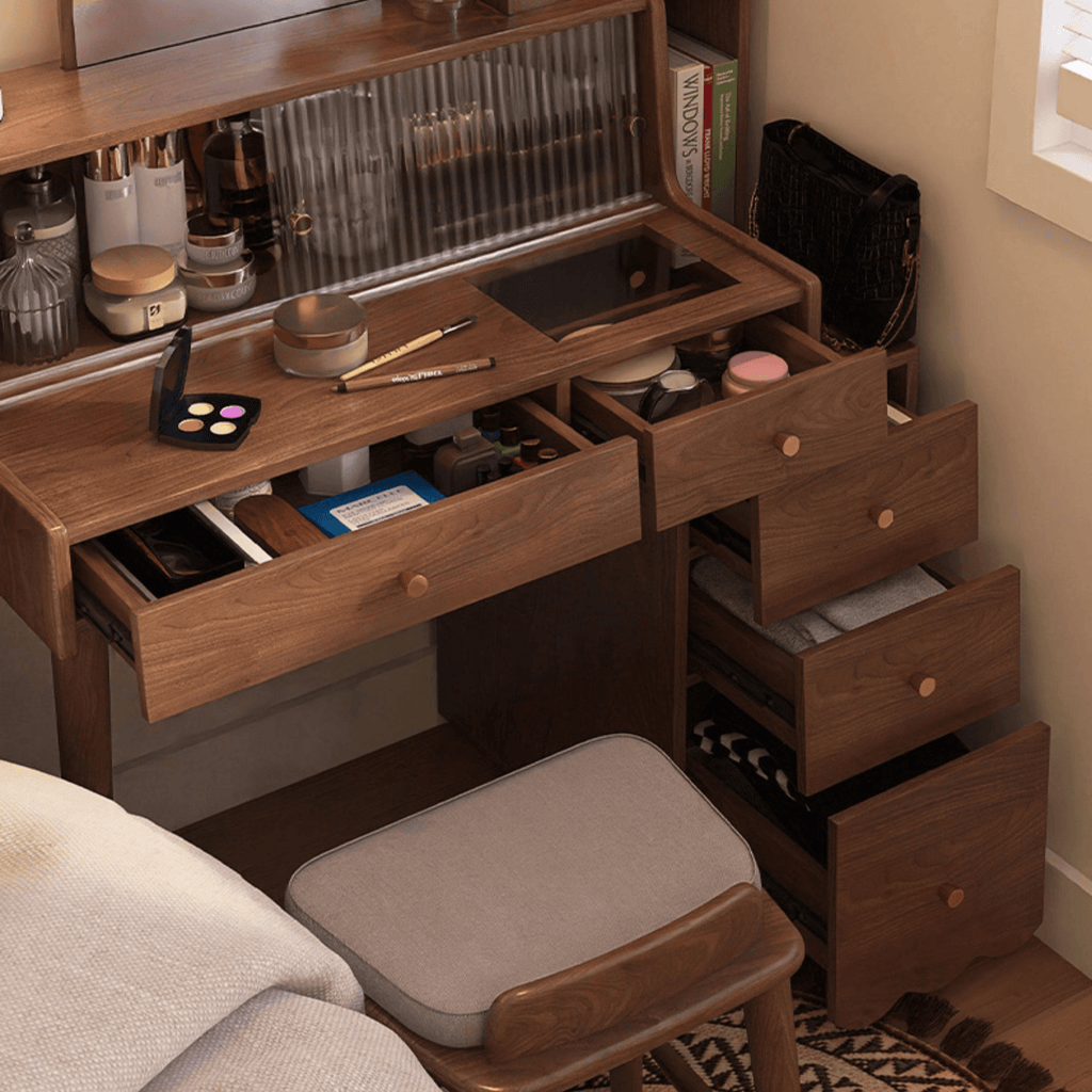 Elegant Rubberwood Makeup Table with Glass Storage Drawers