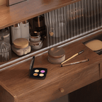 Elegant Rubberwood Makeup Table with Glass Storage Drawers