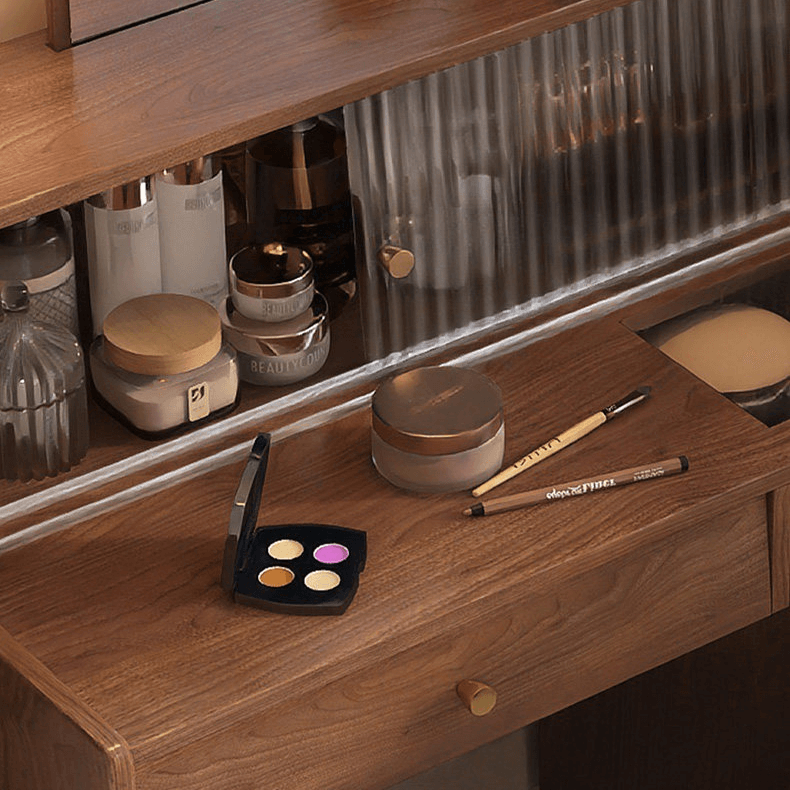 Elegant Rubberwood Makeup Table with Glass Storage Drawers