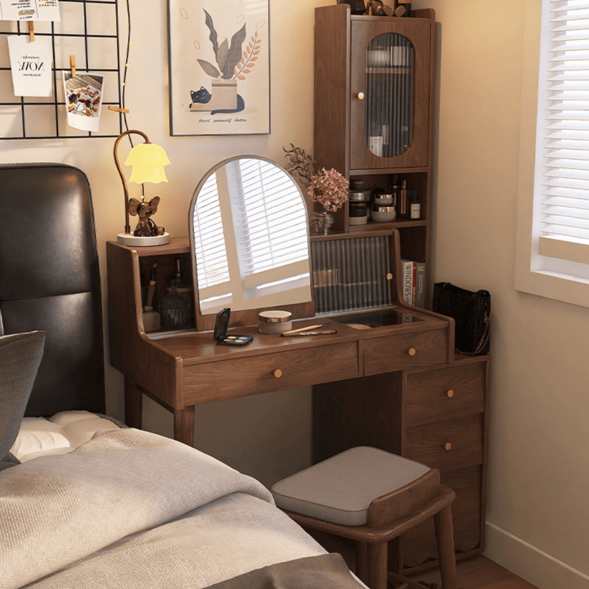 Elegant Rubberwood Makeup Table with Glass Storage Drawers Secondary image