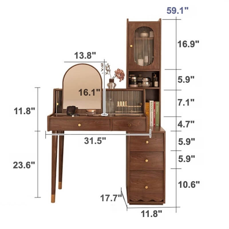 Elegant Rubberwood Makeup Table with Glass Storage Drawers Dimensions