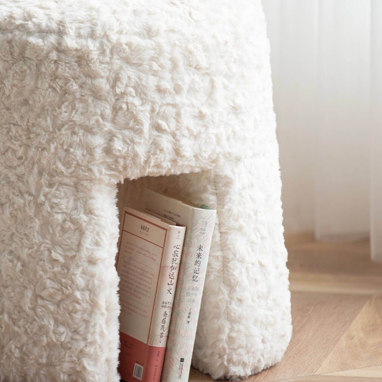 Stylish white boucle stool for makeup in hat-shaped design