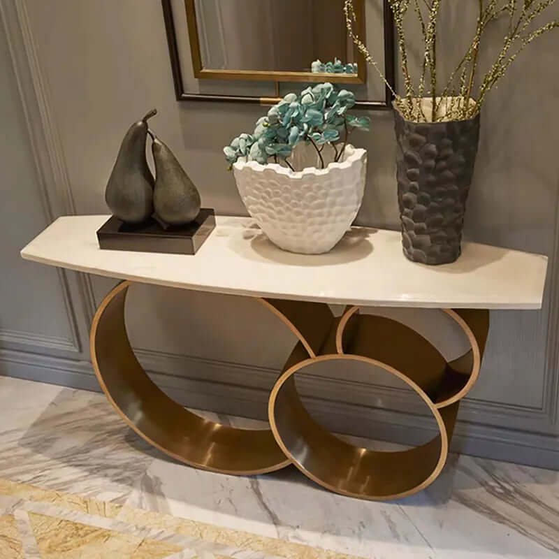 Elegant White & Gold Console Table with Stainless Base
