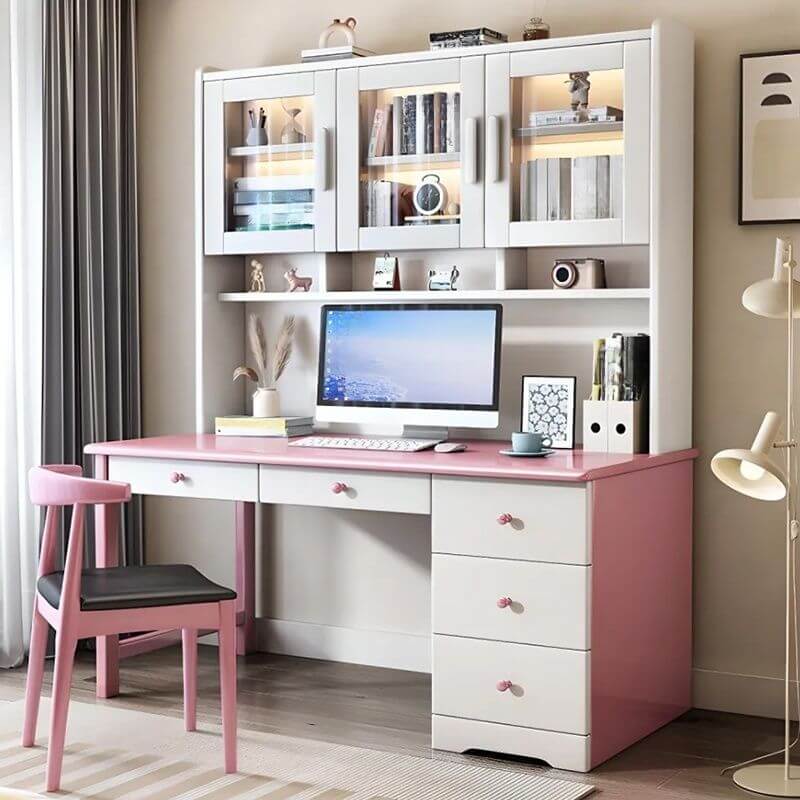 Elegant White Wood Writing Desk with Storage for Kids and Teens