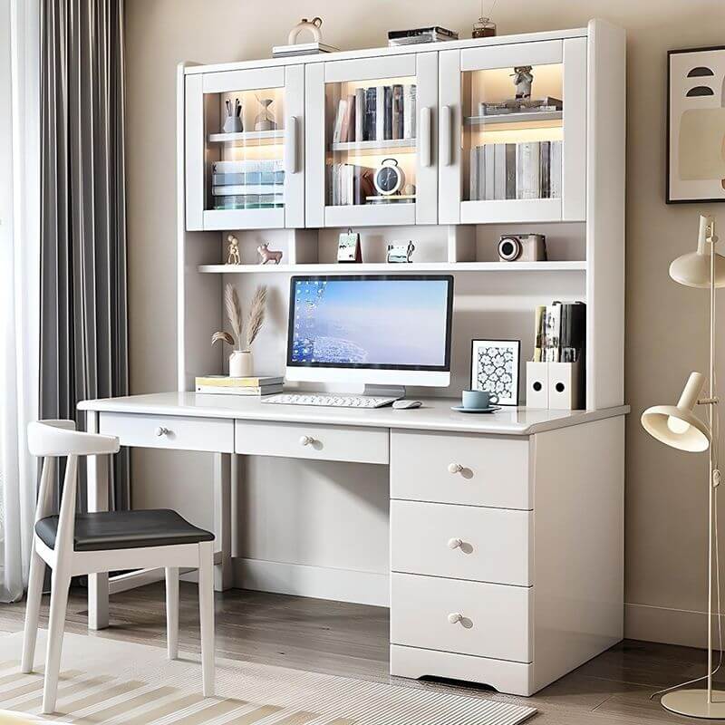 Elegant White Wood Writing Desk with Storage for Kids and Teens