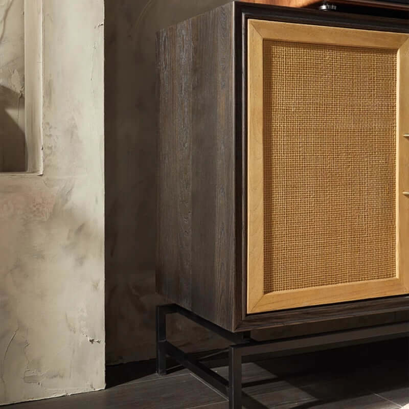 Elm Wood Sideboard with Black Iron Base and Rattan Fronts