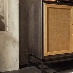 Elm Wood Sideboard with Black Iron Base and Rattan Fronts