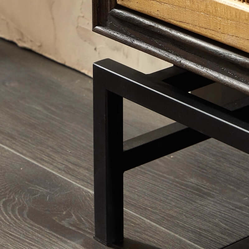 Elm Wood Sideboard with Black Iron Base and Rattan Fronts