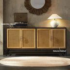 Elm Wood Sideboard with Black Iron Base and Rattan Fronts