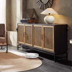 Elm Wood Sideboard with Black Iron Base and Rattan Fronts