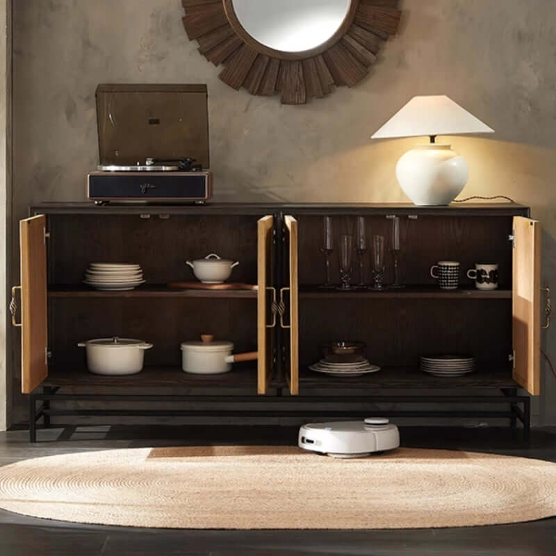 Elm Wood Sideboard with Black Iron Base and Rattan Fronts