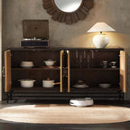 Elm Wood Sideboard with Black Iron Base and Rattan Fronts