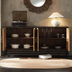 Elm Wood Sideboard with Black Iron Base and Rattan Fronts